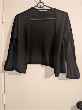 Black Women's Open-Front Cardigan with Ruffle Cuffs